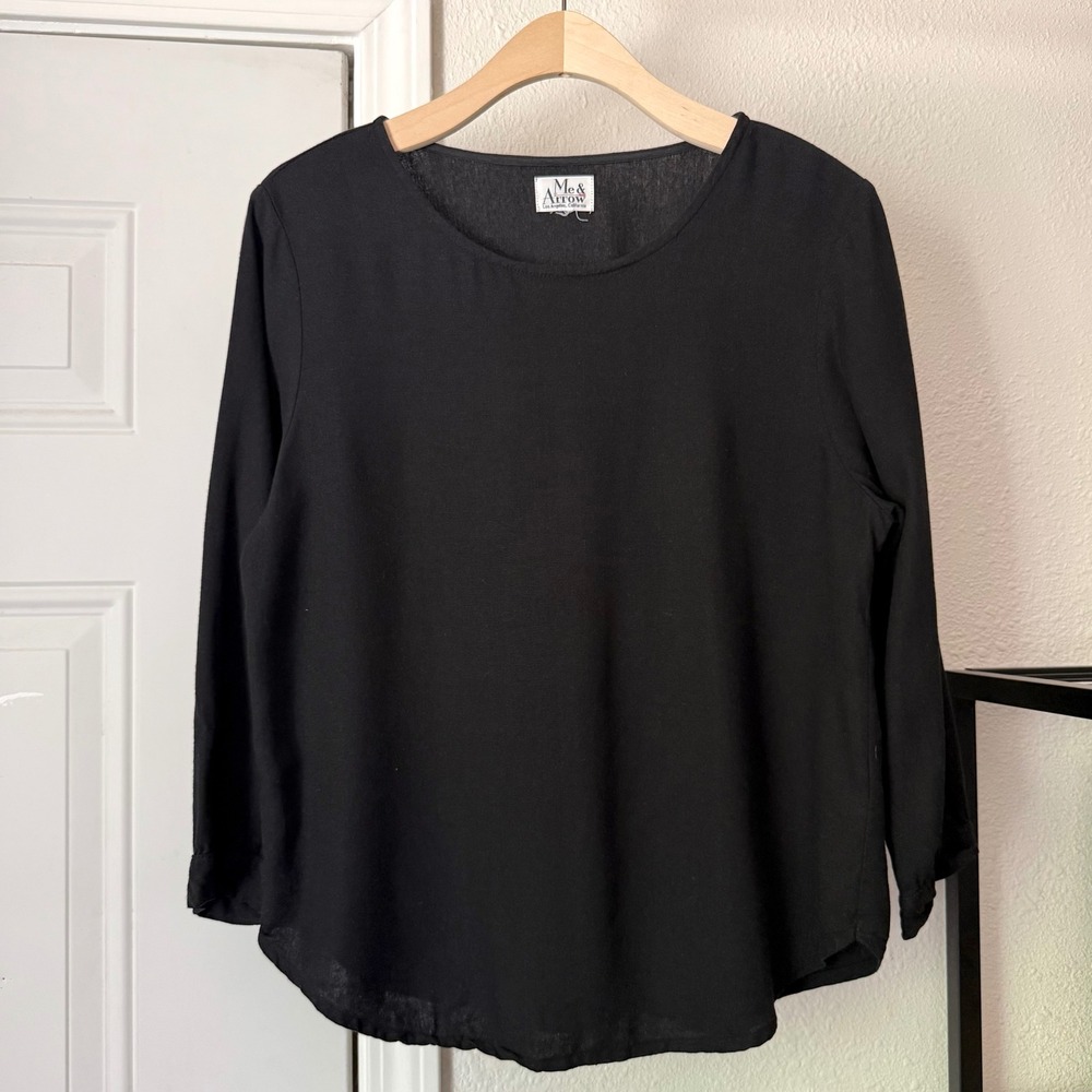 ME &‎ ARROW black linen rayon boat crew long 3/4 sleeve cropped blouse shirt top